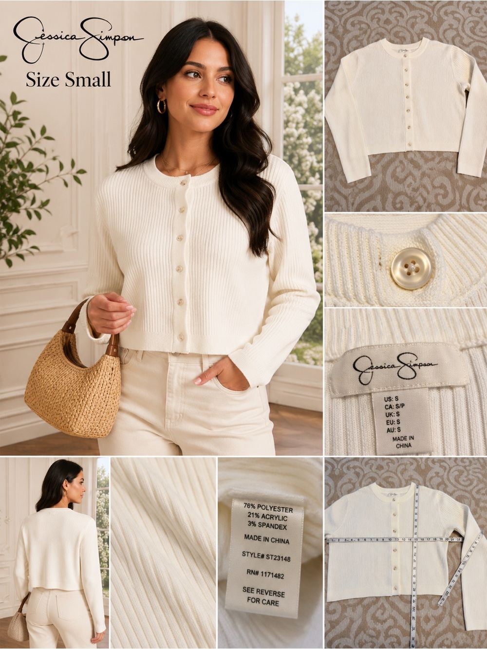 Jessica Simpson Ivory Ribbed Cropped Button Cardigan Sweater Small - Picture 3 of 13